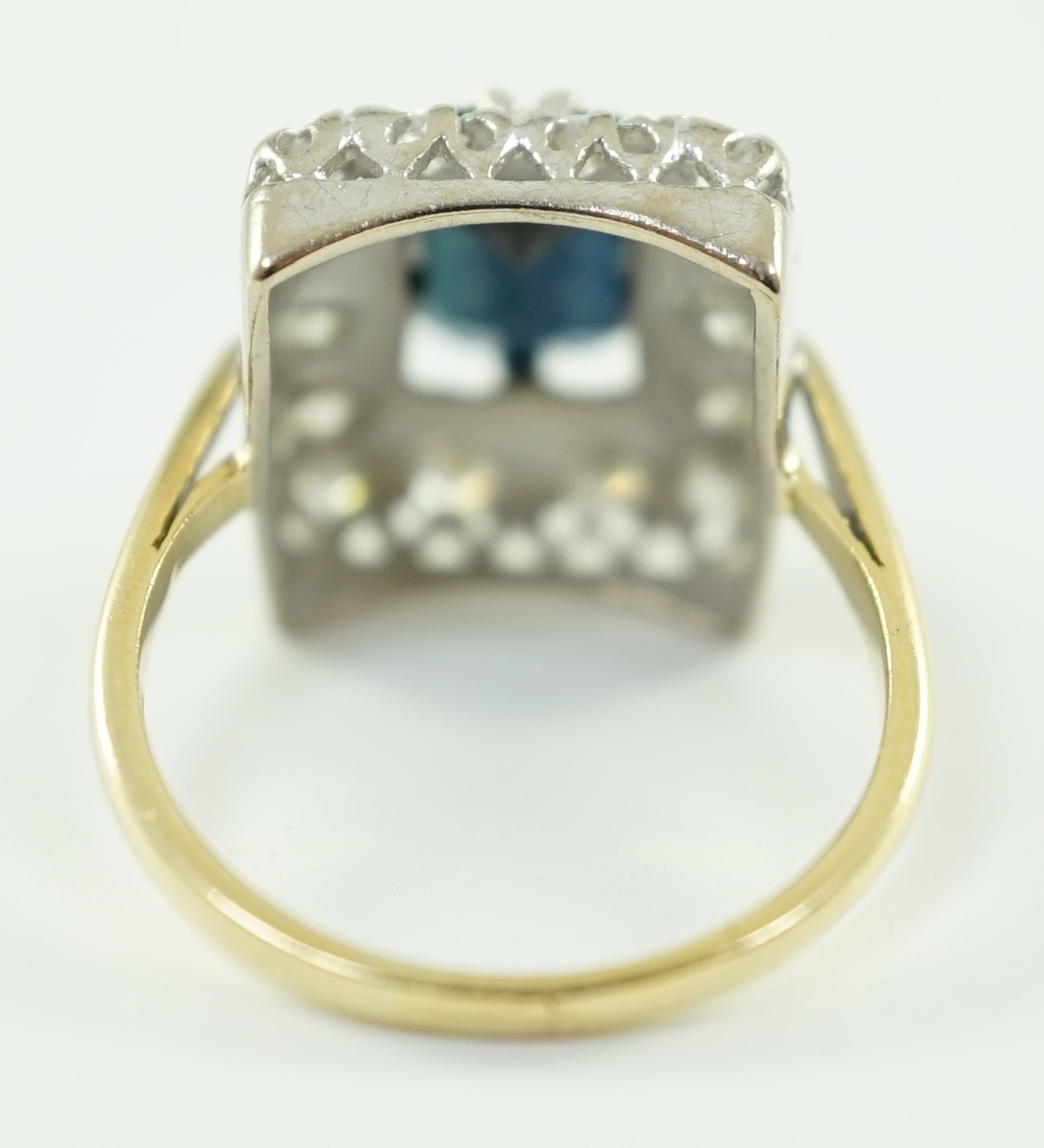 A modern 18ct gold, sapphire and diamond set rectangular cluster ring